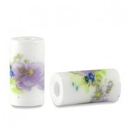 Abalorio de cerámica tubo 11x6mm - Blanco-púrpura lila